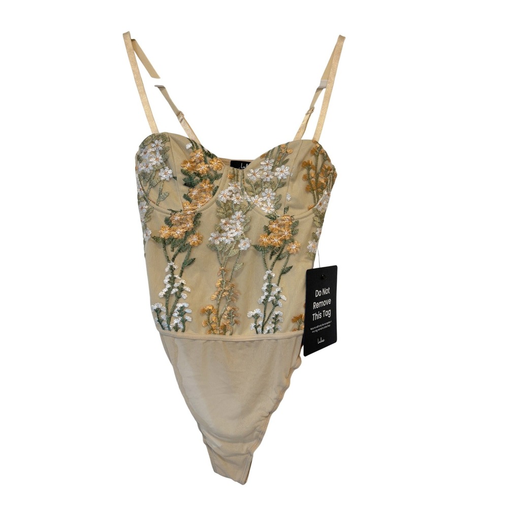 NWT Lulus Floral Embroidered Mesh Bustier Bodysuit Beige Orange Sz Small